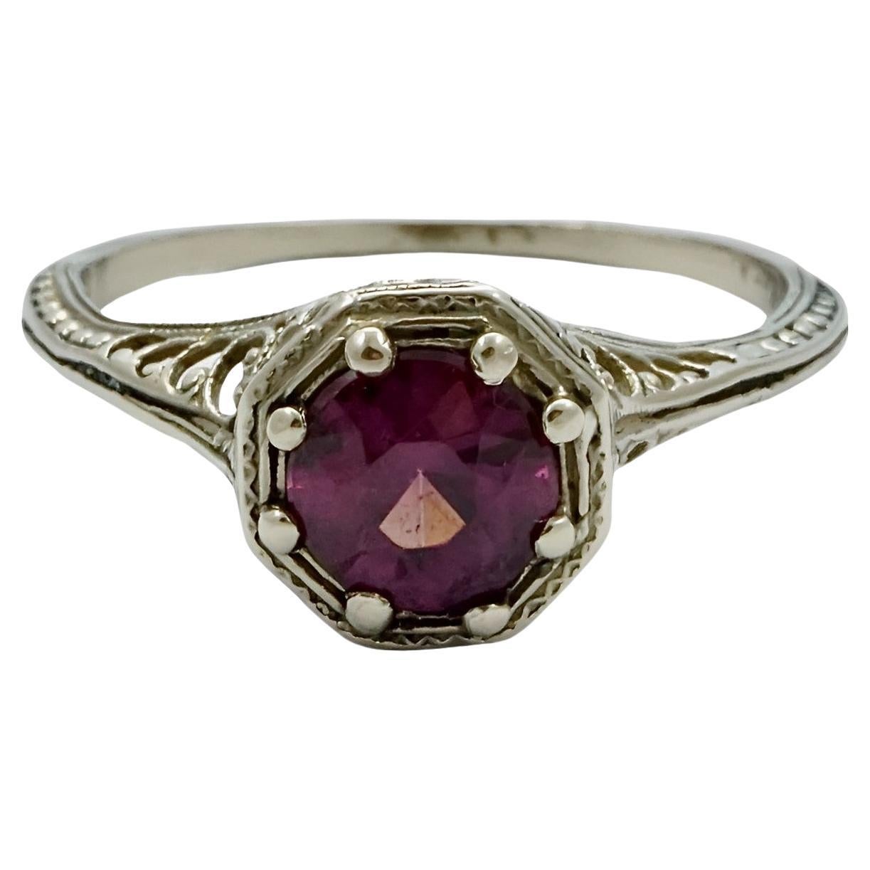 Art Deco 14K White Gold and Amethyst Filigree Dress Ring  For Sale
