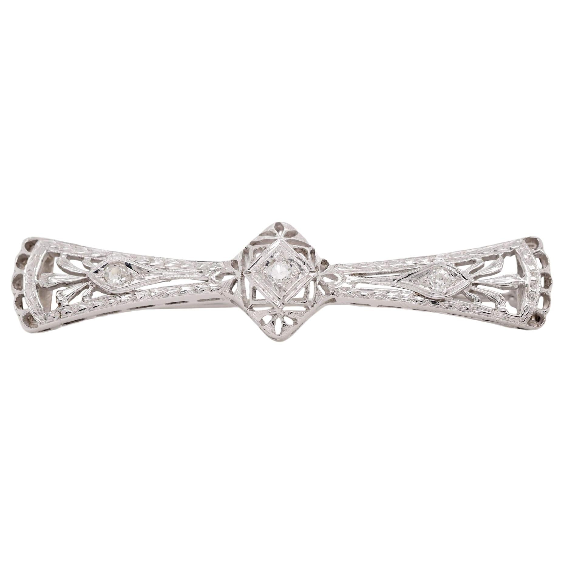 Art Deco 14k White Gold and Diamond Bar Brooch For Sale