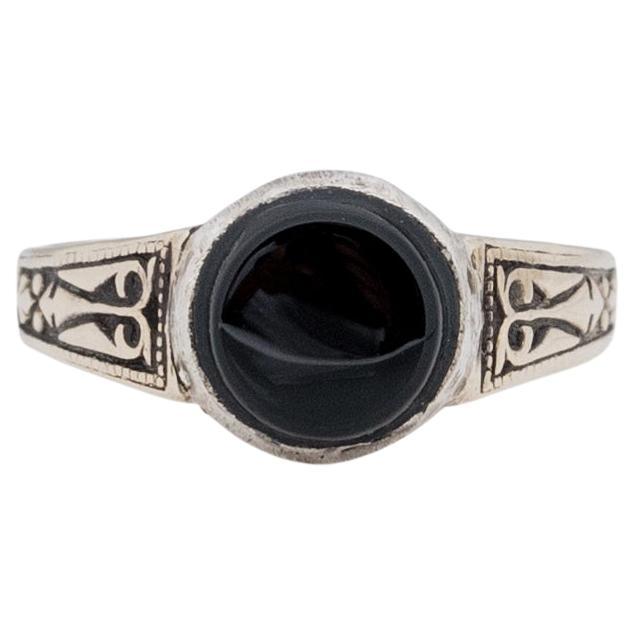 Art Deco 14K White Gold and Silver Bezel Antique Onyx Solitaire Unisex Ring