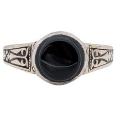 Art Deco 14K White Gold and Silver Bezel Antique Onyx Solitaire Unisex Ring