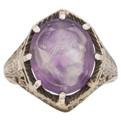 Art Deco 14K White Gold Antique Filigree Amethyst Cameo Statement Ring