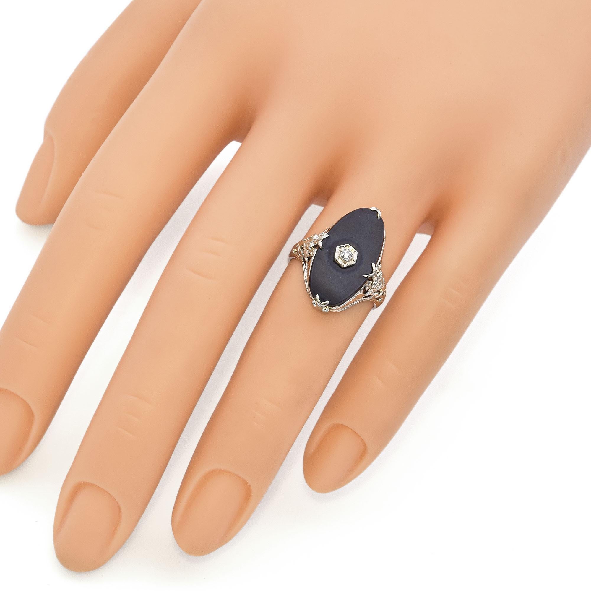 Uncut Art Deco 14k White Gold Black Onyx Diamond Filigree Ring For Sale