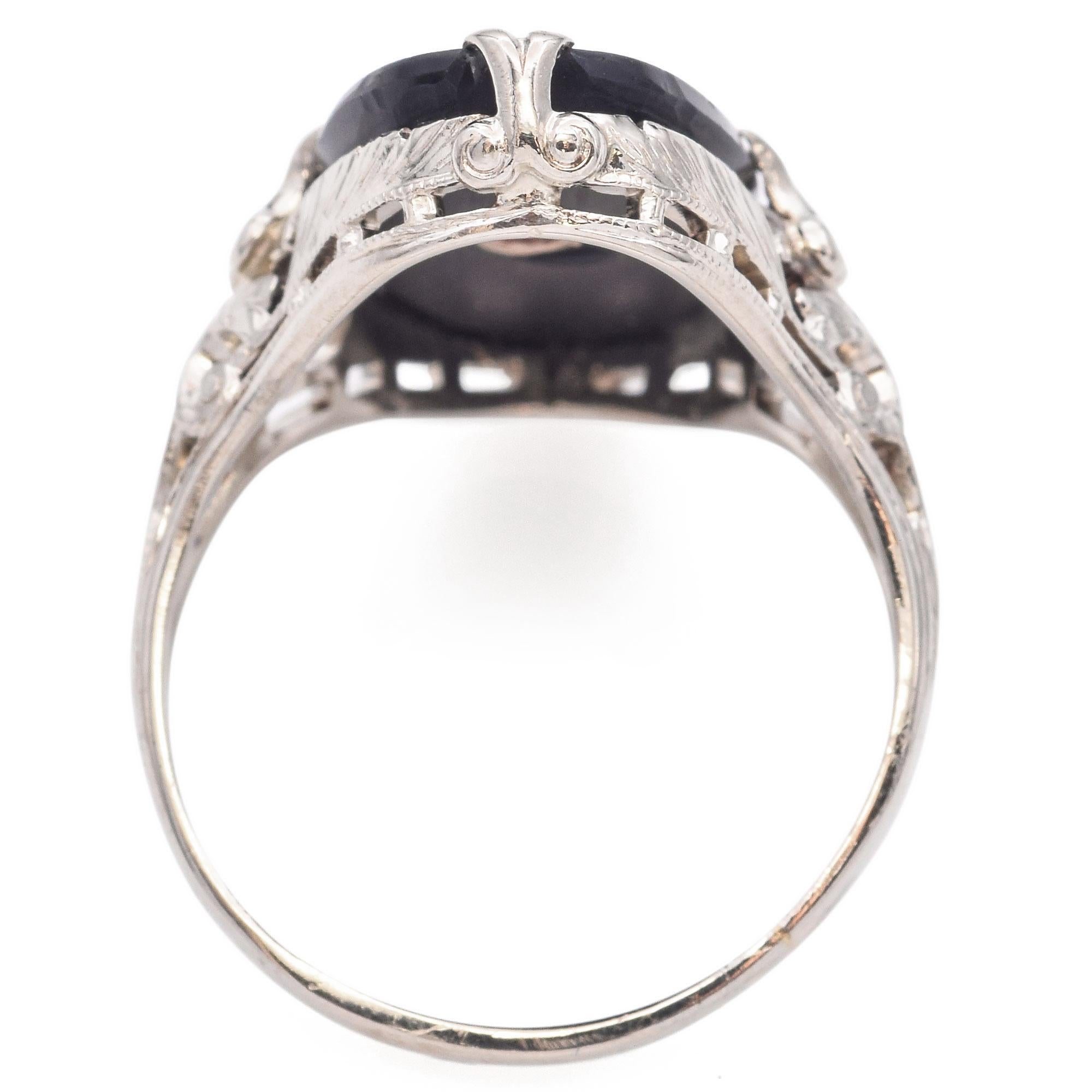 Women's Art Deco 14k White Gold Black Onyx Diamond Filigree Ring For Sale