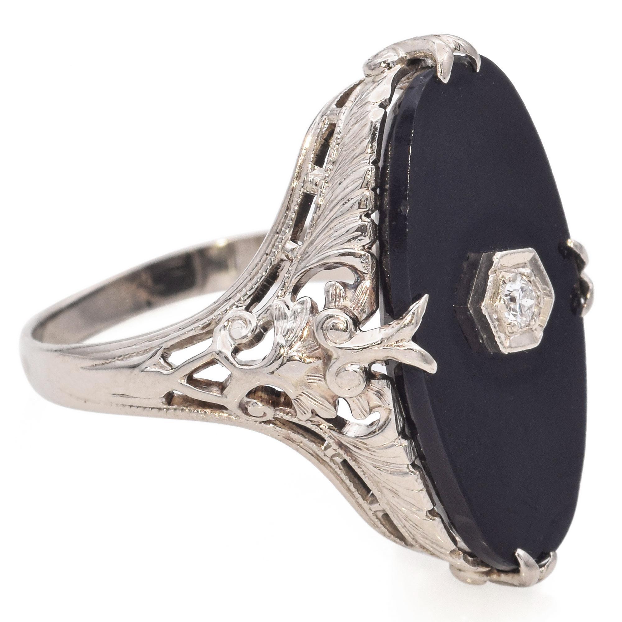 Art Deco 14k White Gold Black Onyx Diamond Filigree Ring For Sale 1