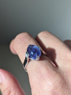 Art Deco 14K White Gold Blue Tanzanite Cabochon Diamond Ring Size N / 6.5