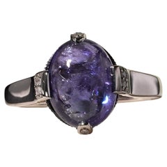 Art Deco 14K White Gold Blue Tanzanite Cabochon Diamond Ring Size N / 6.5
