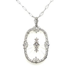Art Deco 14K White Gold Camphor Glass Rock Crystal Diamond Pendant Necklace