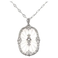 Art Deco 14K White Gold Camphor Glass Rock Crystal Diamond Pendant Necklace