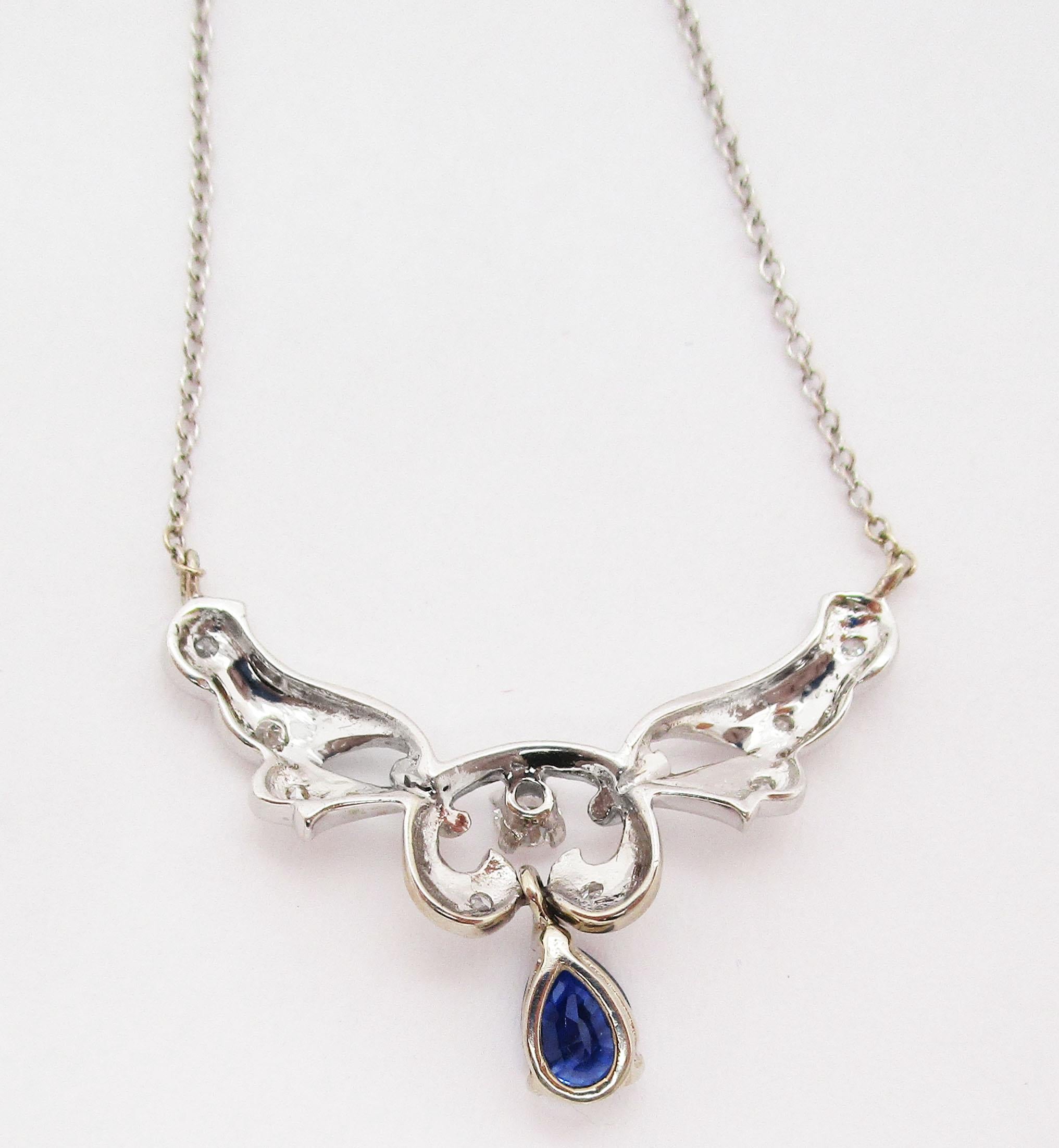 Pear Cut 14 Karat White Gold Diamond and Blue Sapphire Necklace