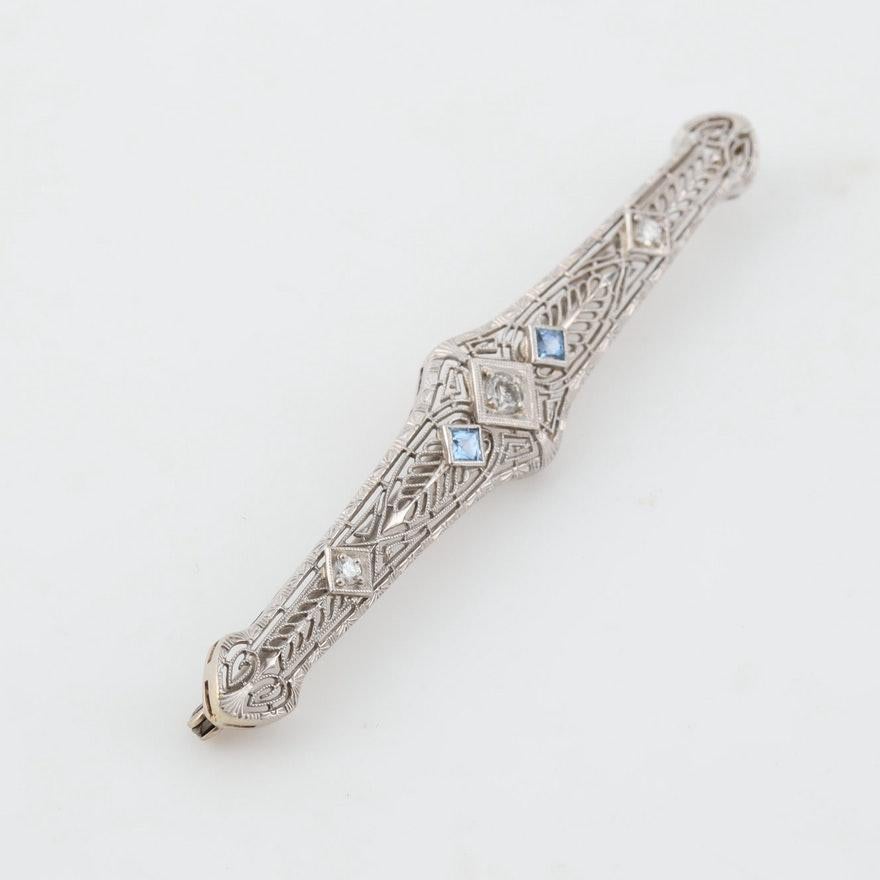 Women's Art Deco 14 Karat Gold Diamond and Blue Sapphire Vintage Filigree Brooch Pin