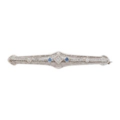 Art Deco 14 Karat Gold Diamond and Blue Sapphire Antique Filigree Brooch Pin