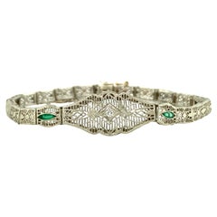 Art Deco 14K White Gold Diamond and Emerald Filigree Link Bracelet