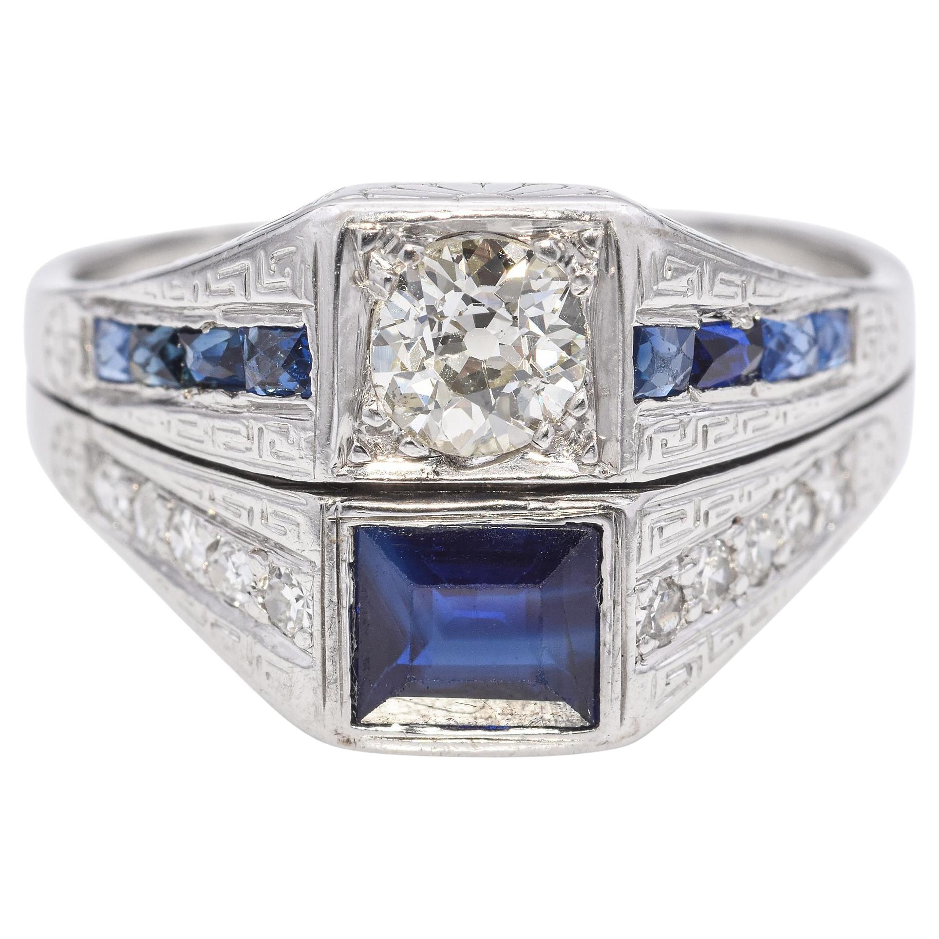 Art Deco 14k White Gold Diamond and Lab Sapphire Ring