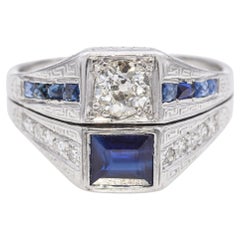 Art Deco 14k White Gold Diamond and Lab Sapphire Ring