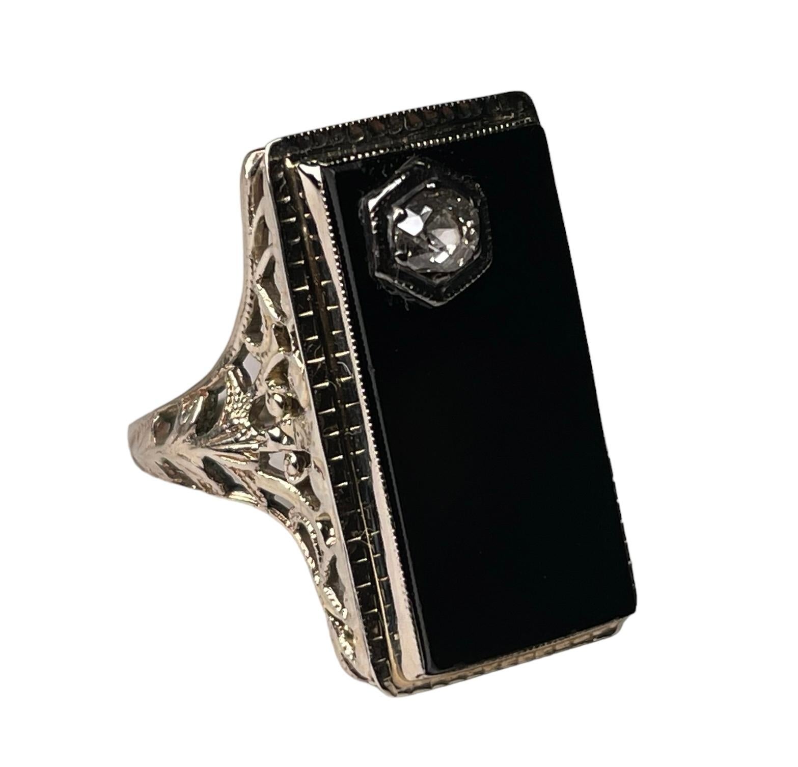Art Deco 14k White Gold, Diamond and Onyx Cocktail Ring For Sale 2
