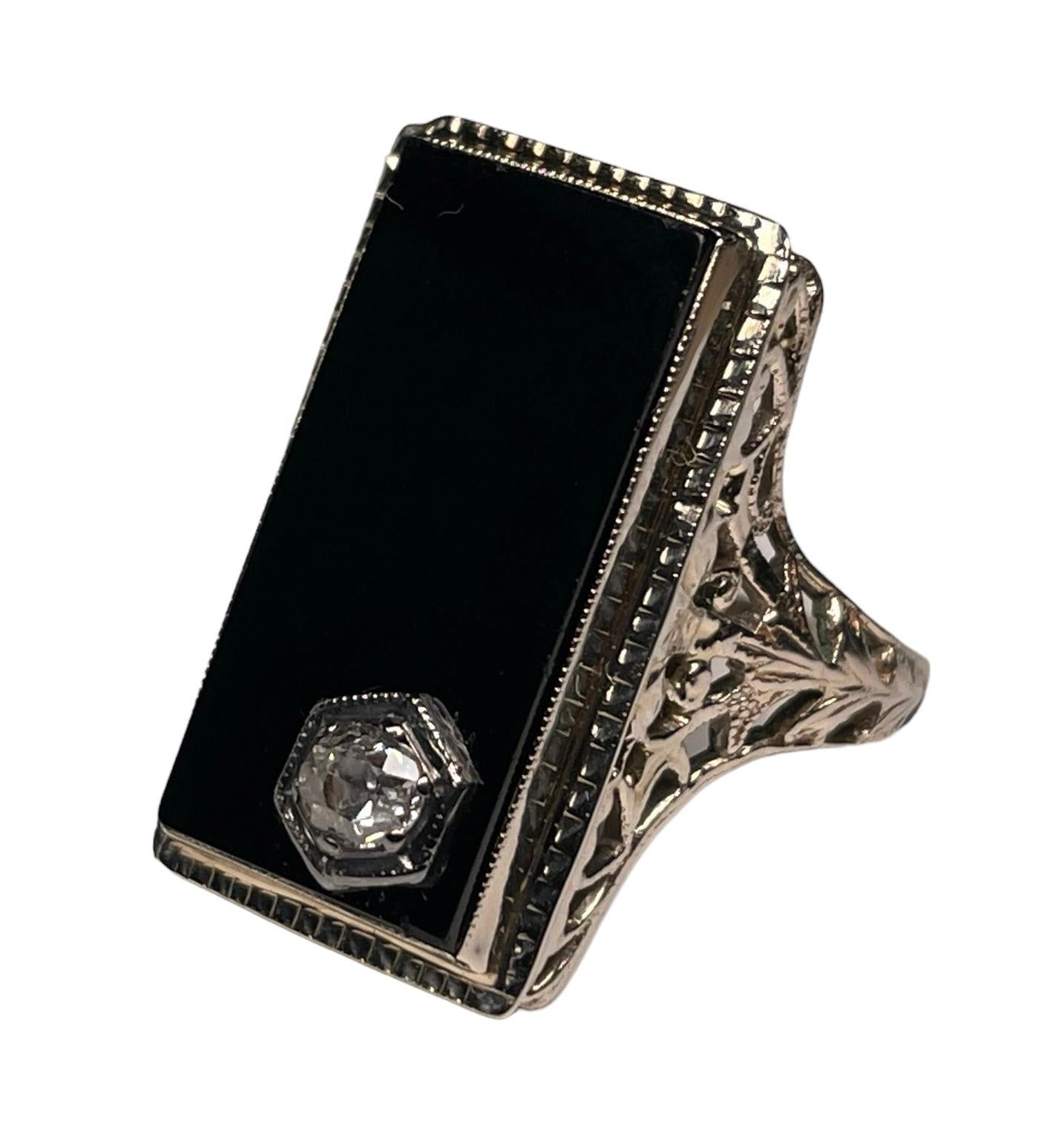 Women's or Men's Art Deco 14k White Gold, Diamond and Onyx Cocktail Ring For Sale