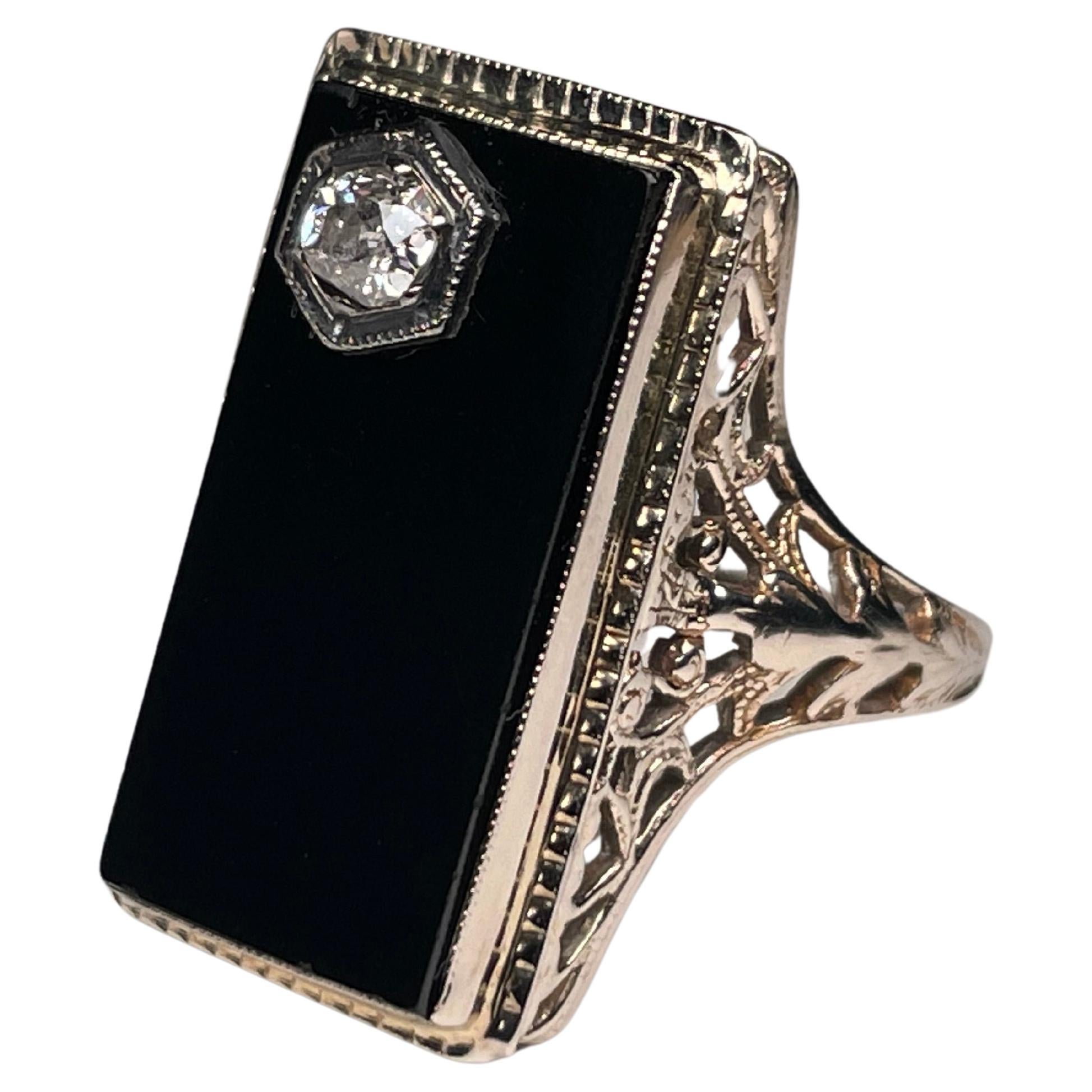 Art Deco 14k White Gold, Diamond and Onyx Cocktail Ring For Sale