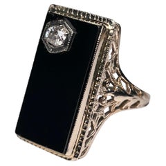 Vintage Art Deco 14k White Gold, Diamond and Onyx Cocktail Ring