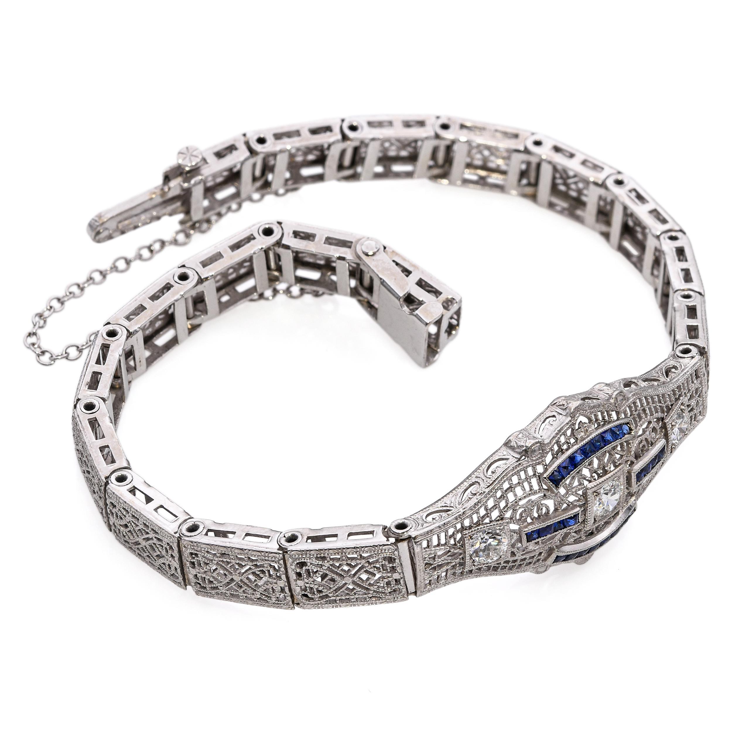 Bracelet Art Déco en or blanc 14k, diamant et saphir, filigrane délicat Pour femmes en vente
