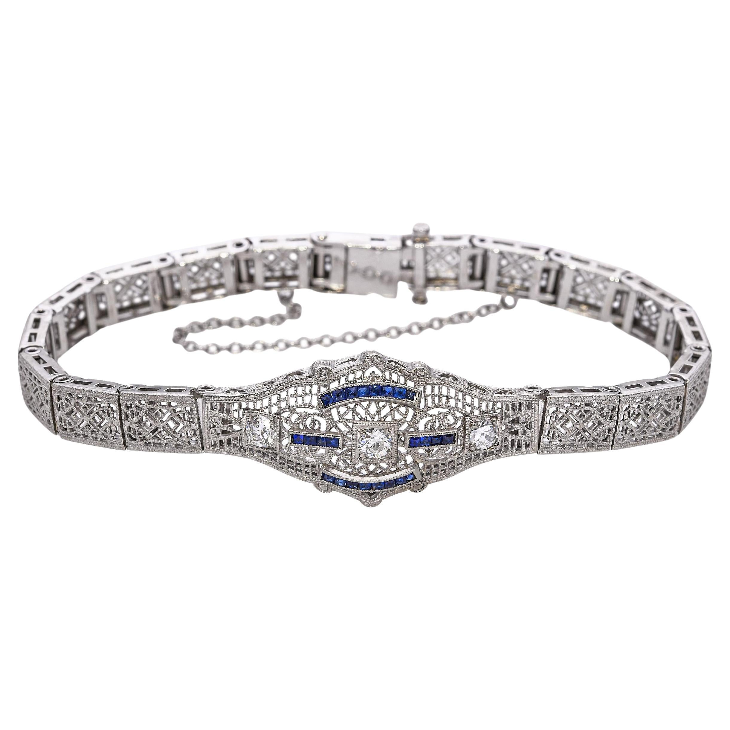 Pulsera Art Decó de Oro Blanco de 14k con Diamantes y Zafiro Filigrana Delicada