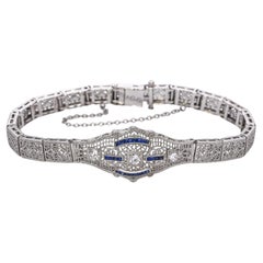 Pulsera Art Decó de Oro Blanco de 14k con Diamantes y Zafiro Filigrana Delicada