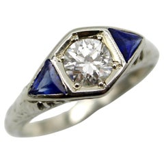 Bague Art déco en or blanc 14K avec diamants et saphirs
