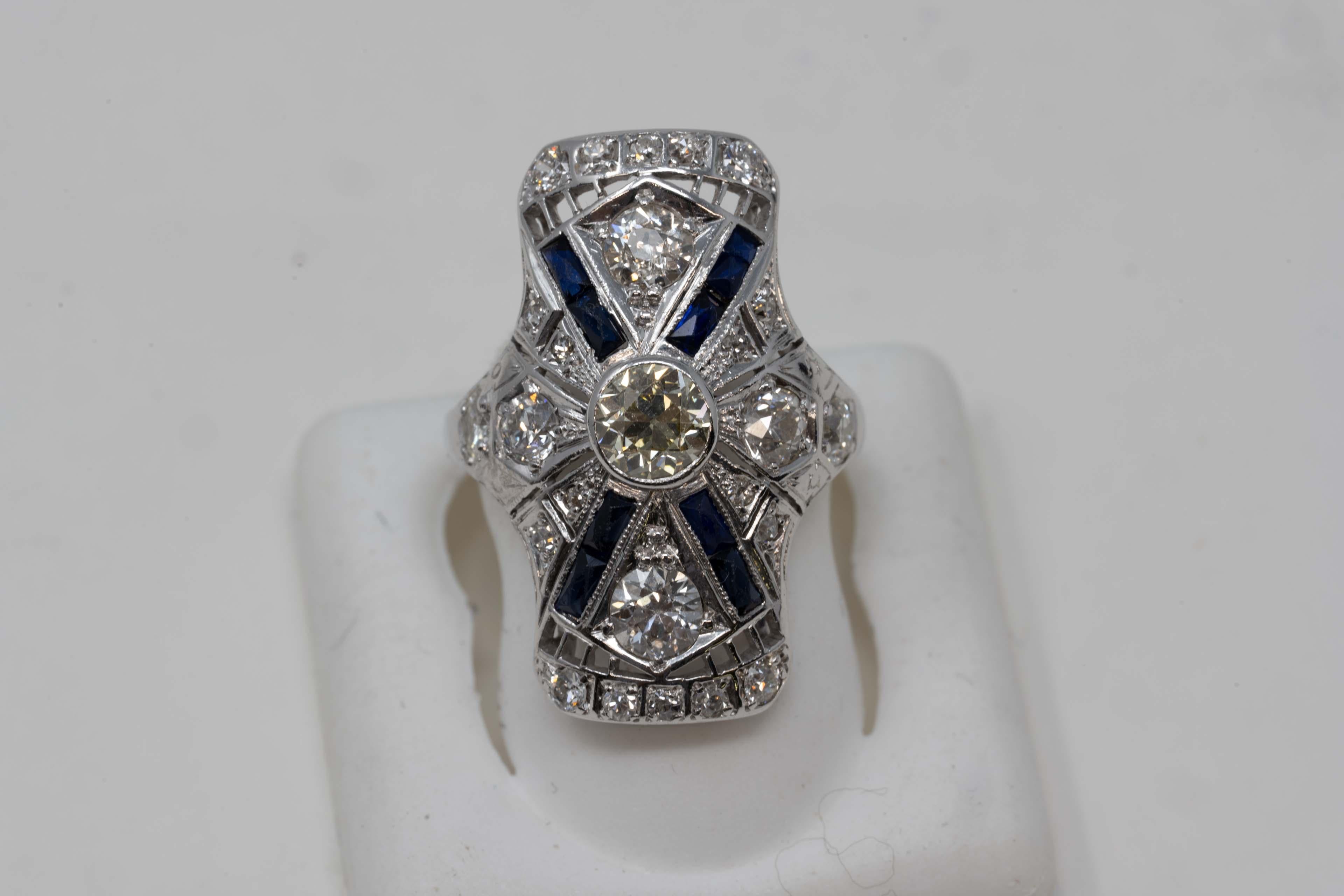Women's Art Deco 14k White Gold Diamond Chased Sapphire Ring For Sale