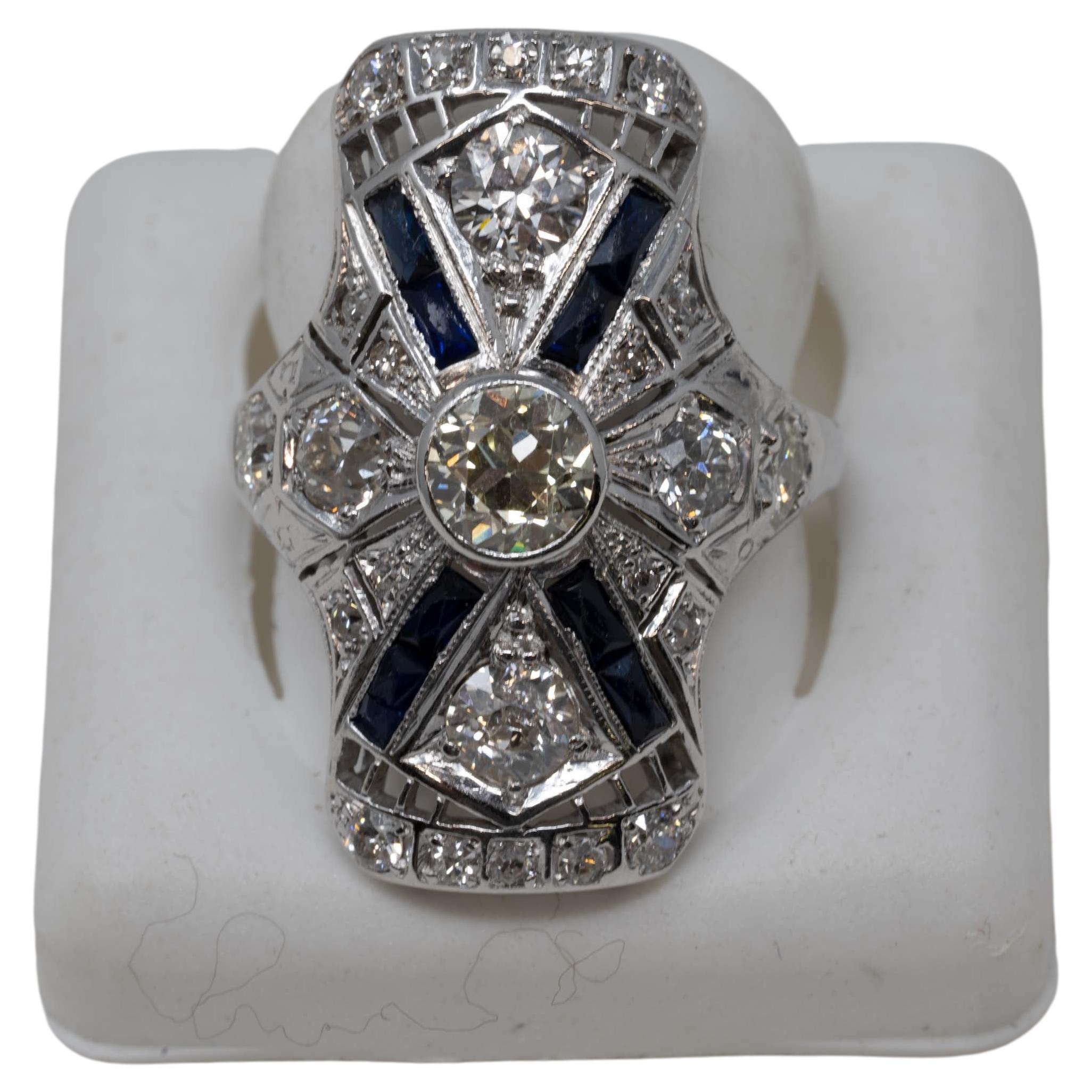 Art Deco 14k White Gold Diamond Chased Sapphire Ring For Sale