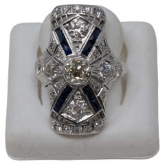 Antique Art Deco 14k White Gold Diamond Chased Sapphire Ring