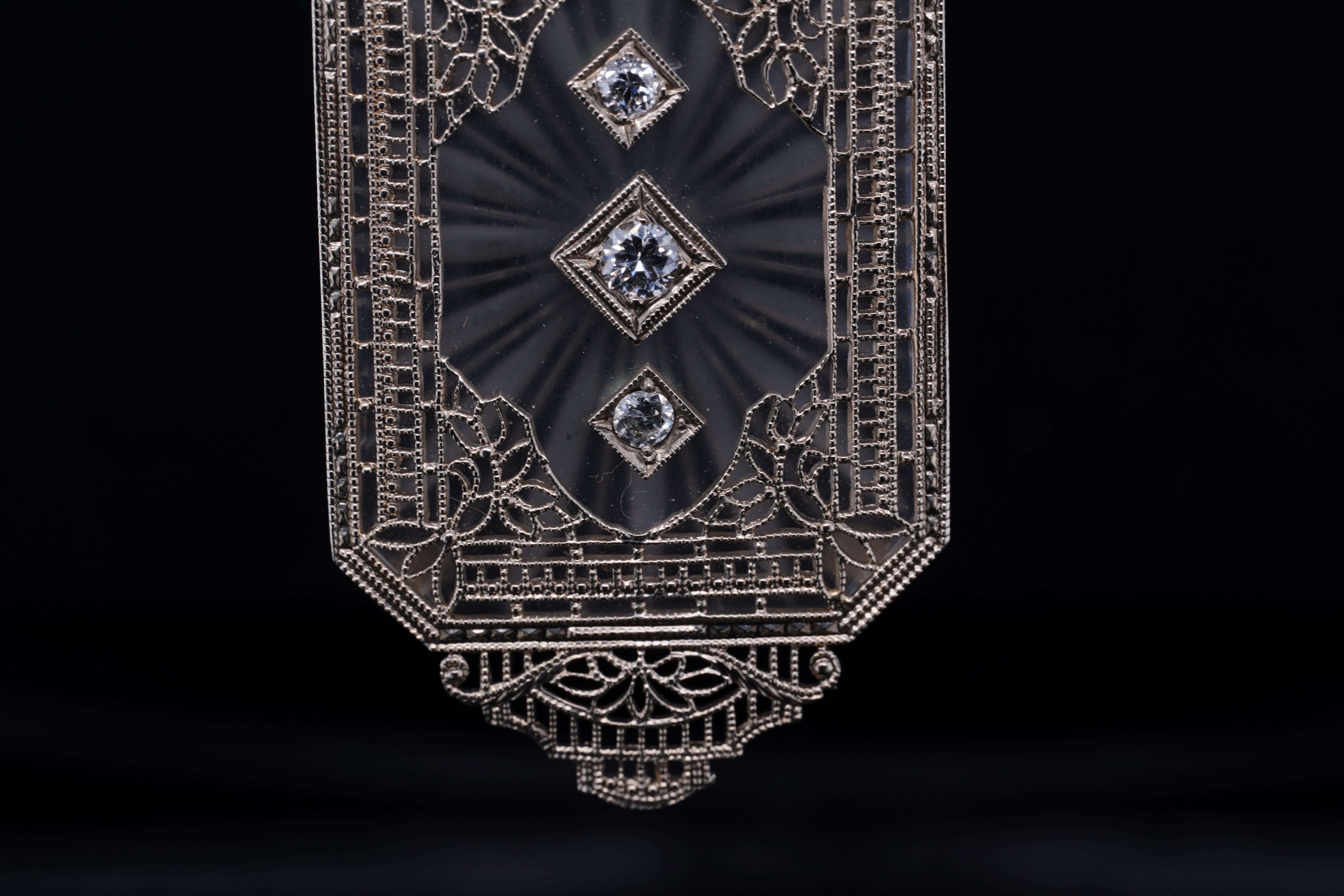 Art Deco, 14k White Gold Diamond & Crystal, Filigree Pendant Necklace 3