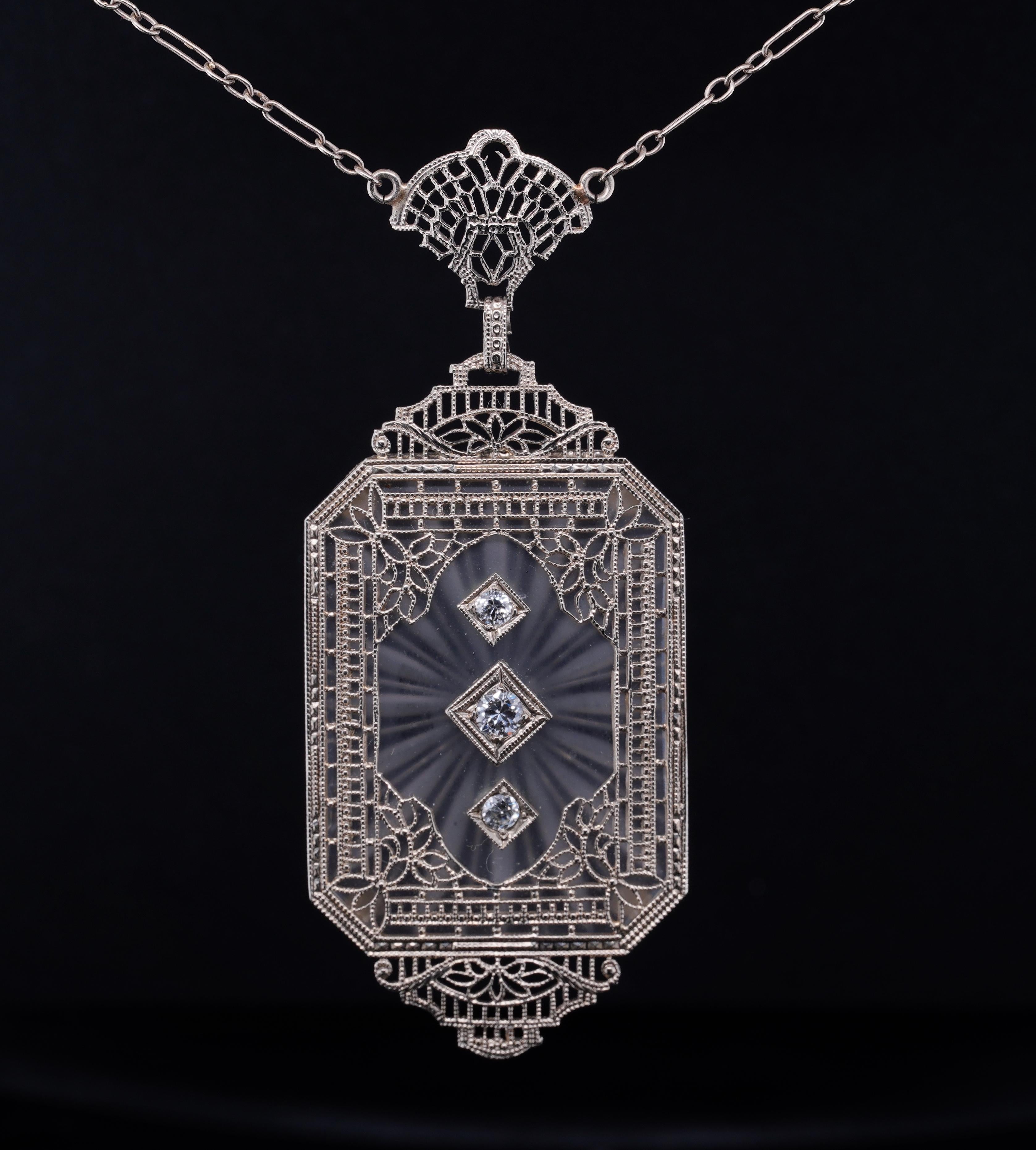 Art Deco, 14k White Gold Diamond & Crystal, Filigree Pendant Necklace 4