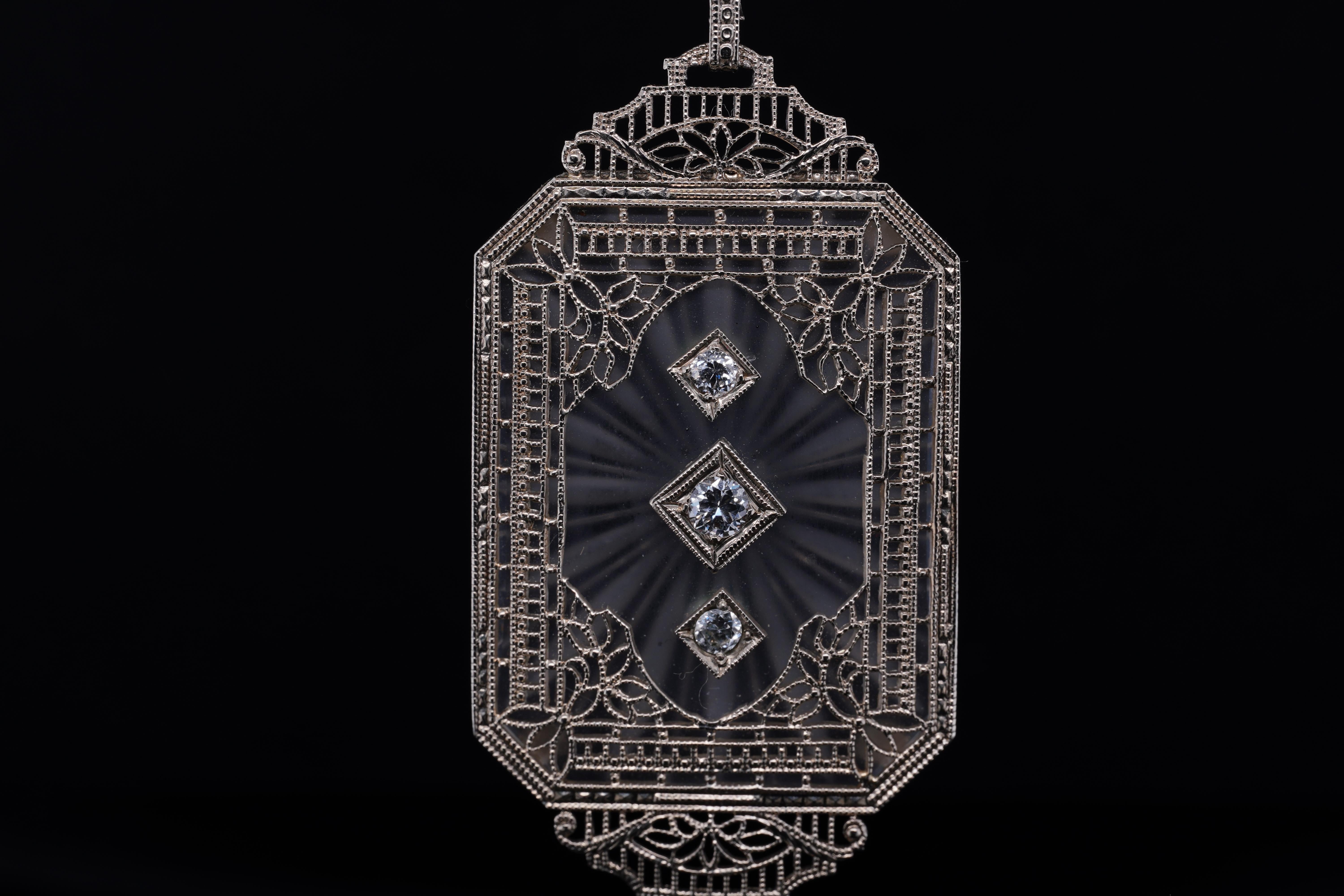 Art Deco, 14k White Gold Diamond & Crystal, Filigree Pendant Necklace 5