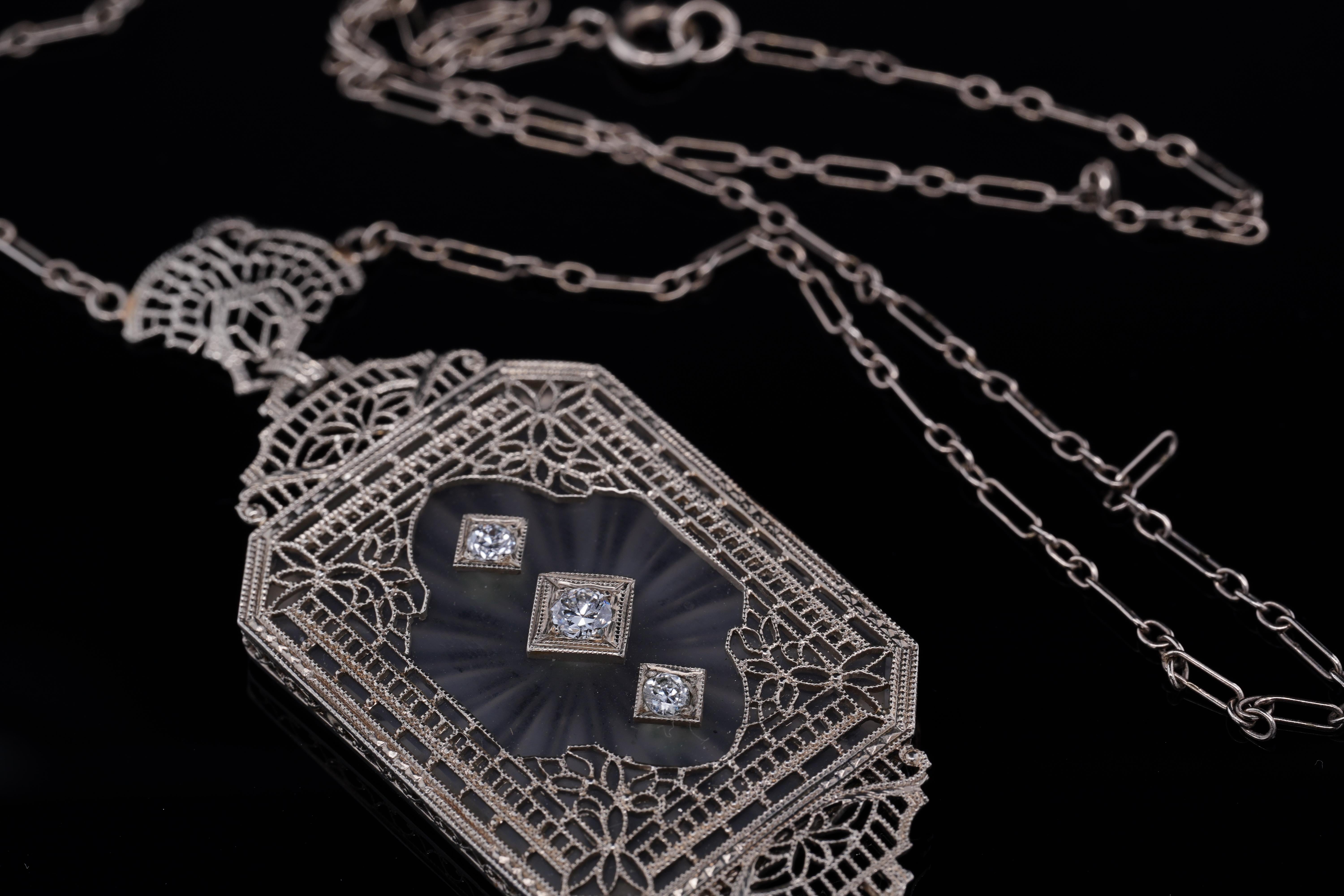 Art Deco, 14k White Gold Diamond & Crystal, Filigree Pendant Necklace 6