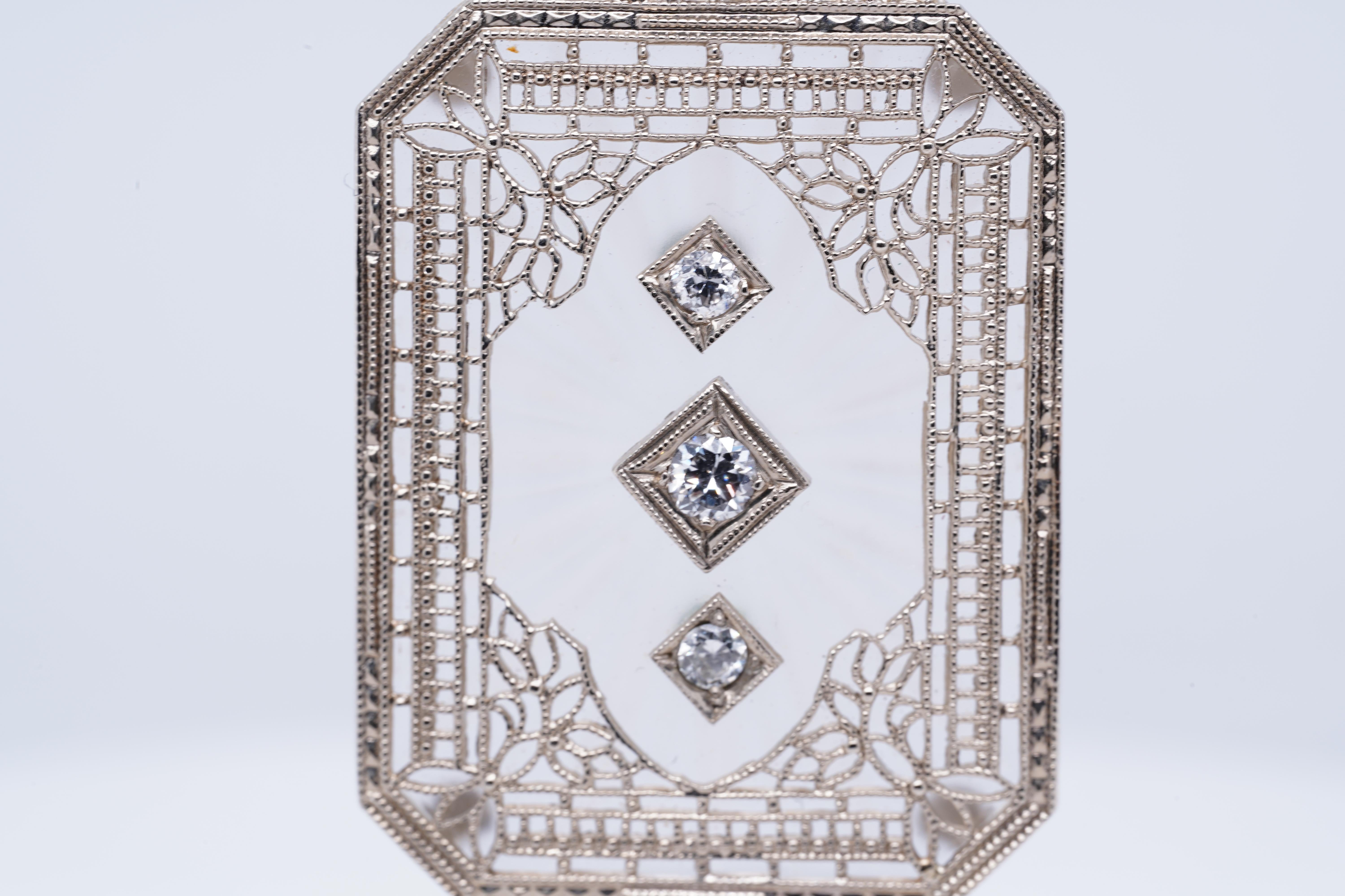 Round Cut Art Deco, 14k White Gold Diamond & Crystal, Filigree Pendant Necklace