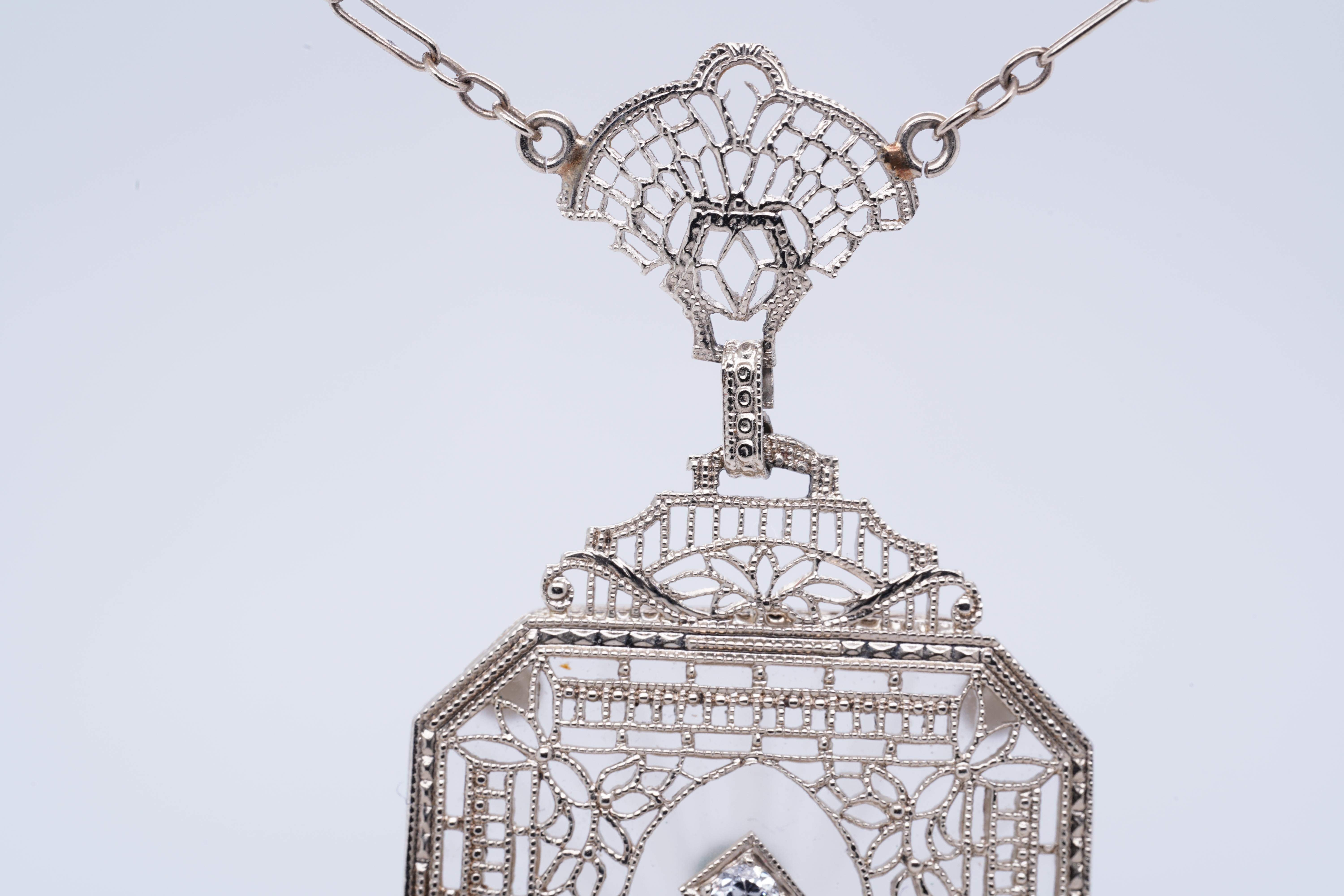 Art Deco, 14k White Gold Diamond & Crystal, Filigree Pendant Necklace In Excellent Condition In Bozeman, MT