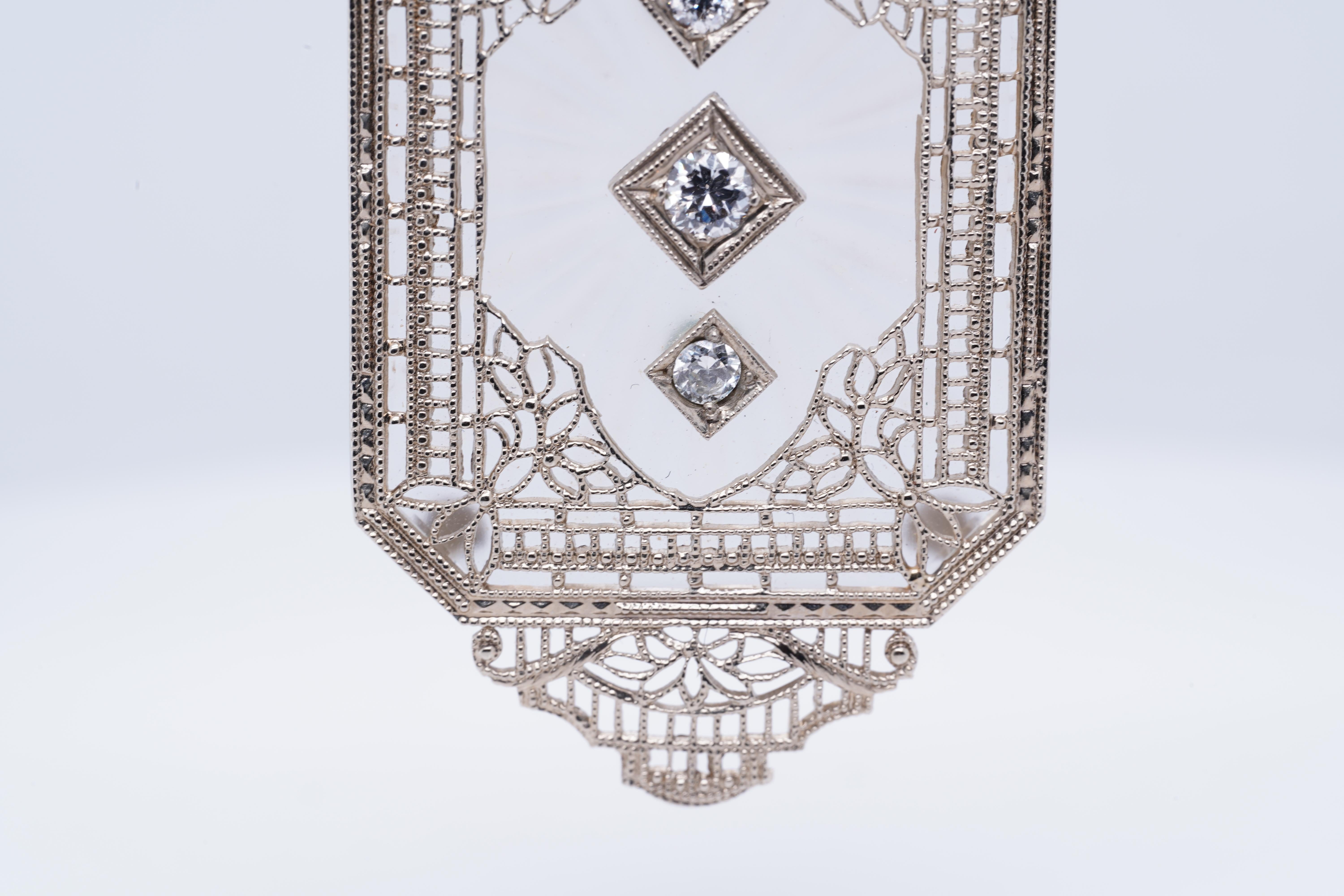 Women's or Men's Art Deco, 14k White Gold Diamond & Crystal, Filigree Pendant Necklace