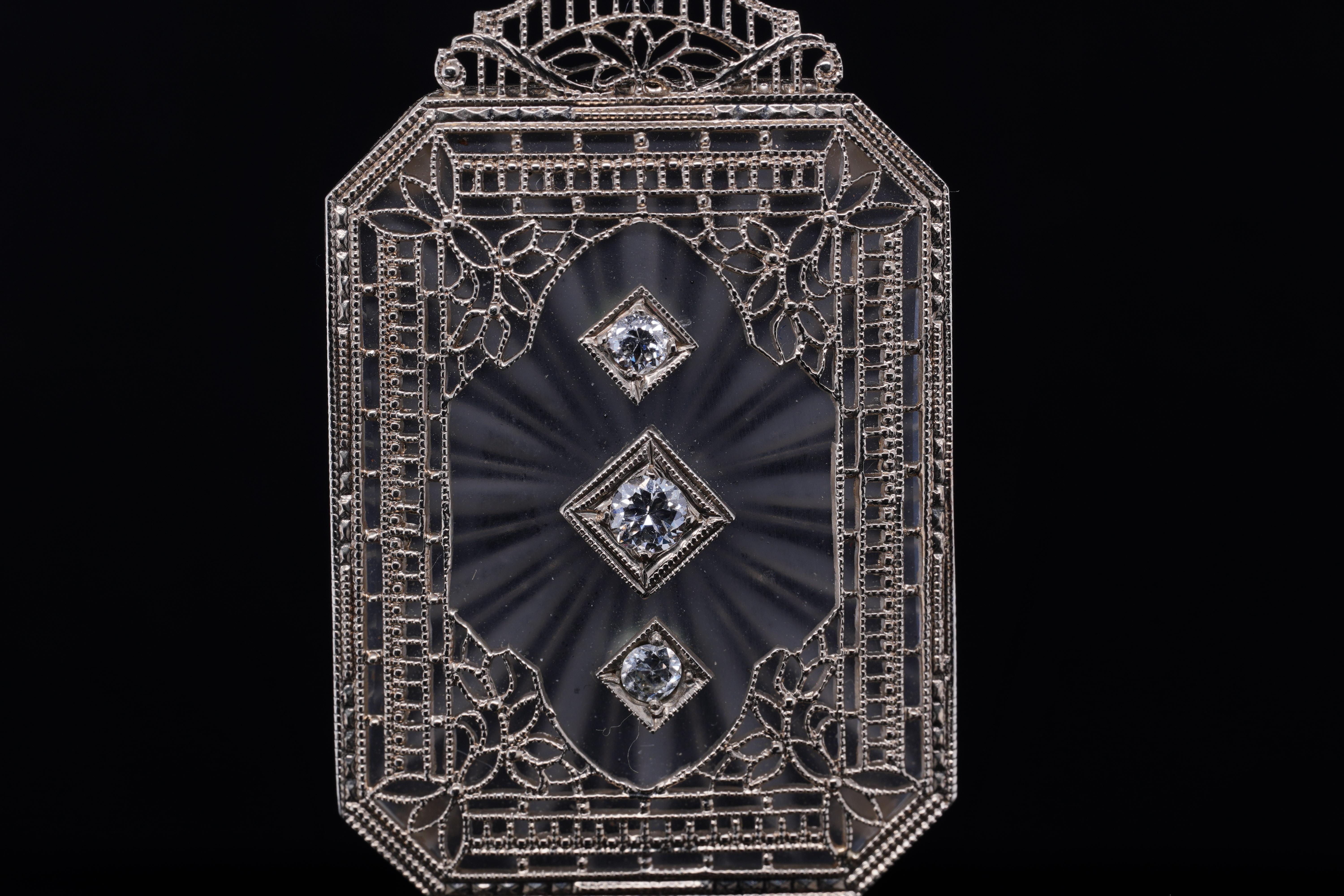 Art Deco, 14k White Gold Diamond & Crystal, Filigree Pendant Necklace 1