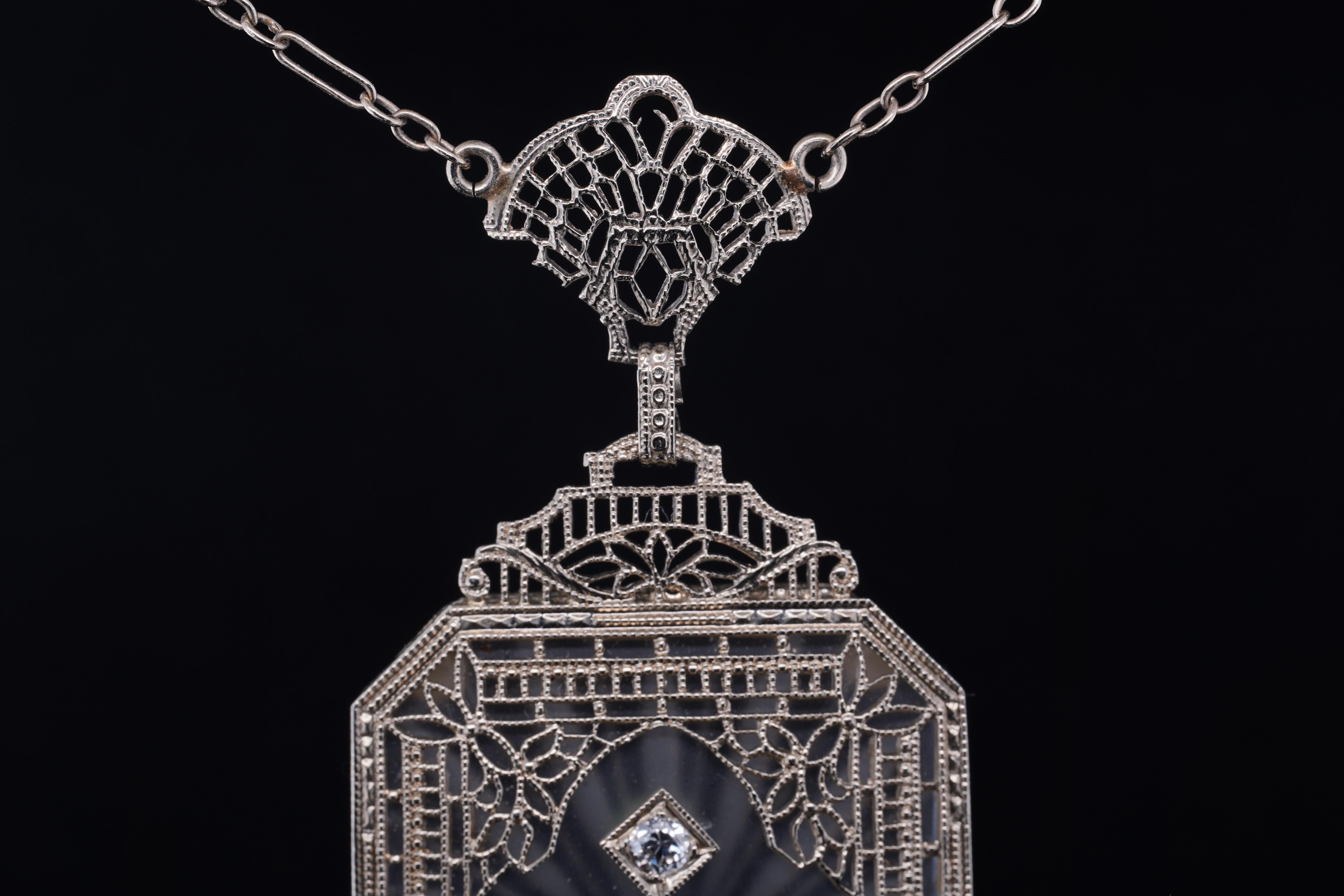 Art Deco, 14k White Gold Diamond & Crystal, Filigree Pendant Necklace 2