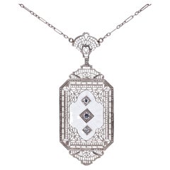 Art Deco, 14k White Gold Diamond & Crystal, Filigree Pendant Necklace