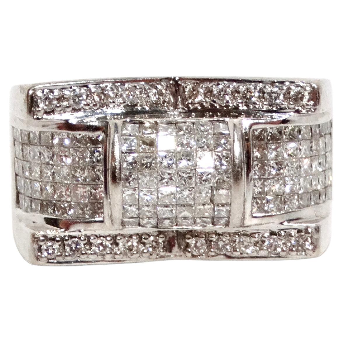Indulge in the timeless elegance of this Art Deco 14k White Gold & Diamond Encrusted Cocktail Ring, a stunning statement piece that captures the essence of luxury and sophistication. Crafted in a unique boxy shape, this ring is exquisitely lined and
