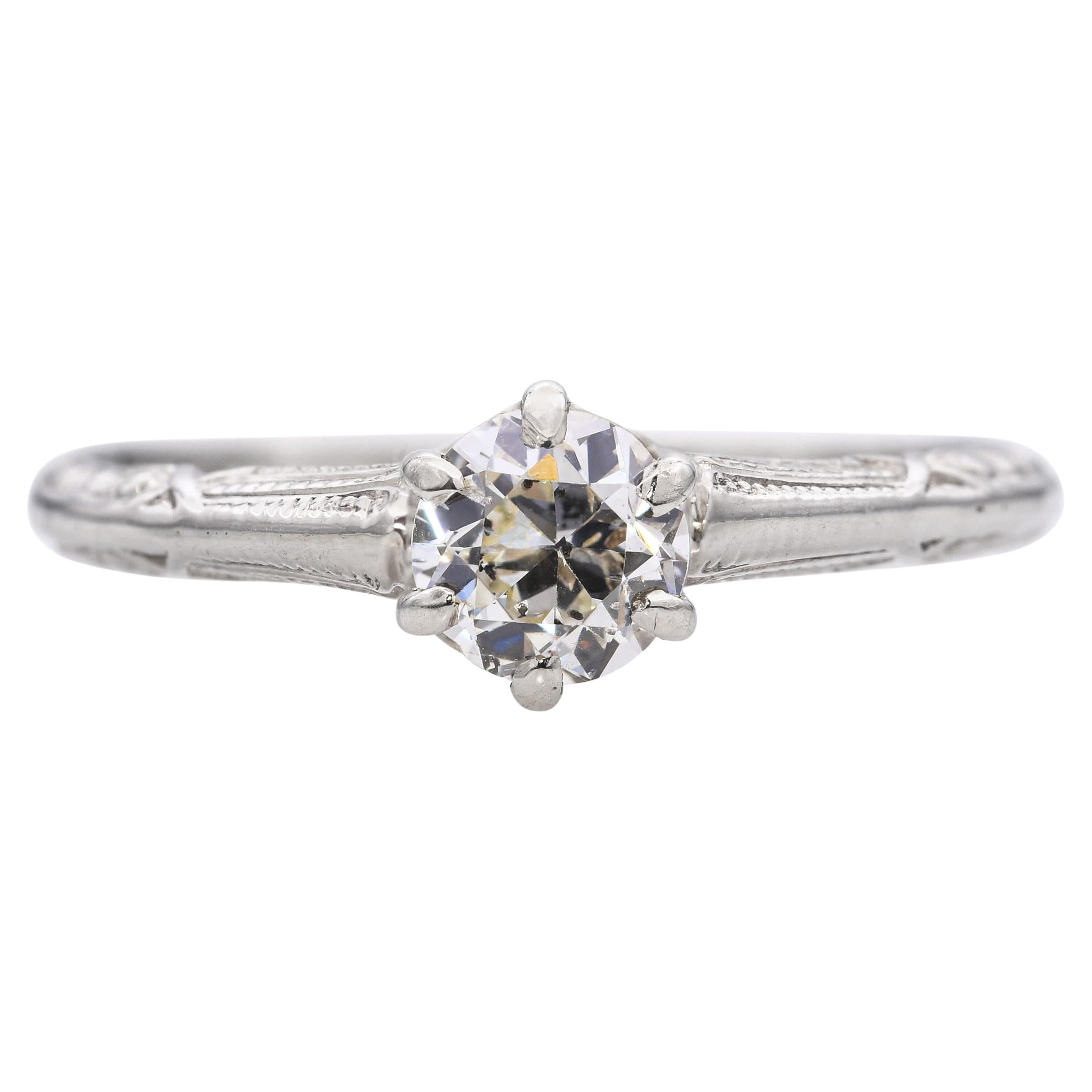 Art Deco 14k White Gold Diamond Engagement Ring For Sale