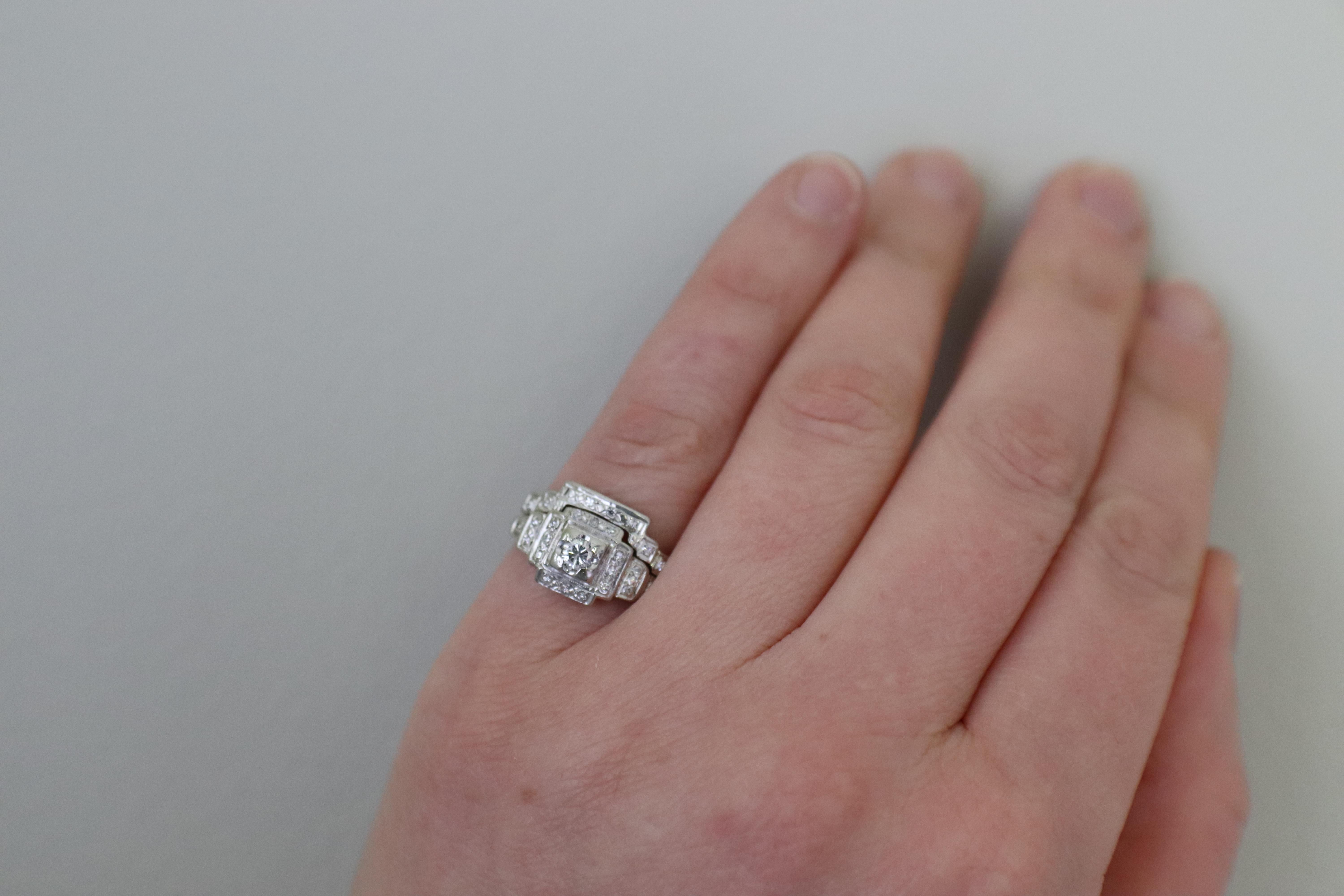 Women's Art Deco 14 Karat White Gold Diamond Engagement Ring Wedding Set