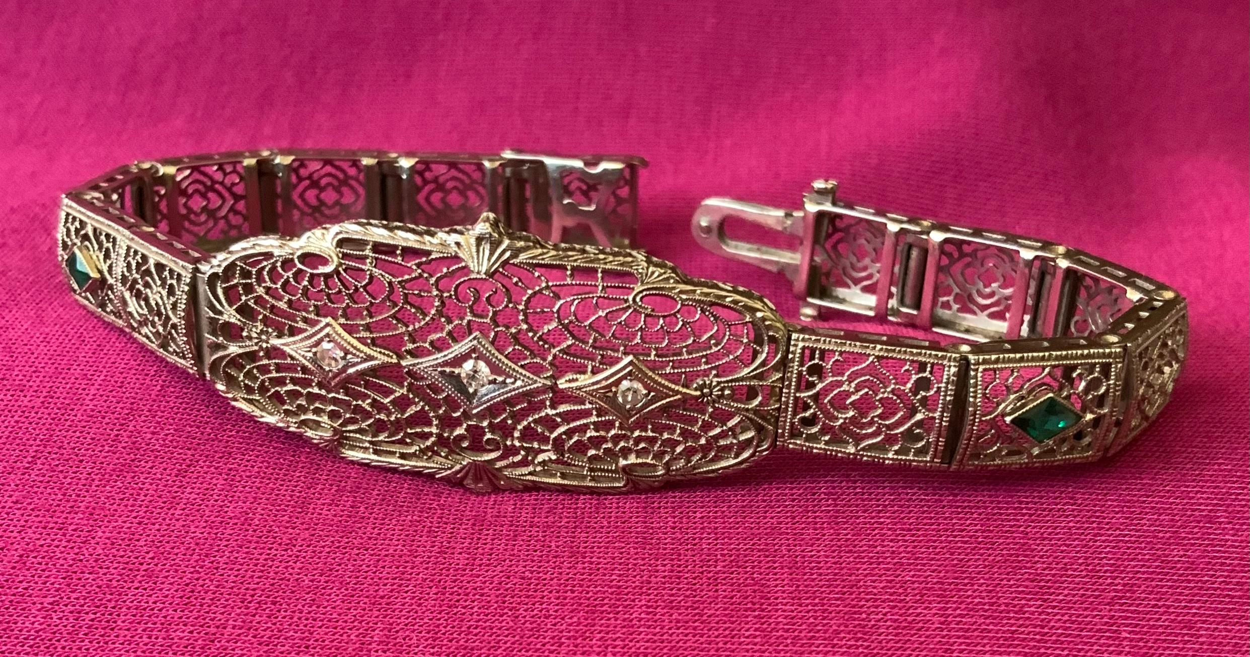 Single Cut Art Deco 14K White Gold Diamond Filigree Bracelet For Sale