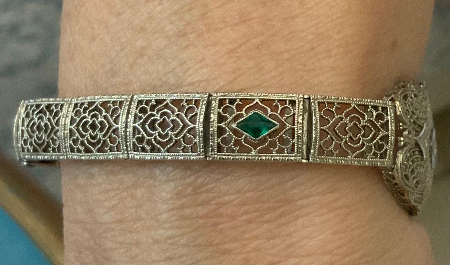 Women's or Men's Art Deco 14K White Gold Diamond Filigree Bracelet For Sale