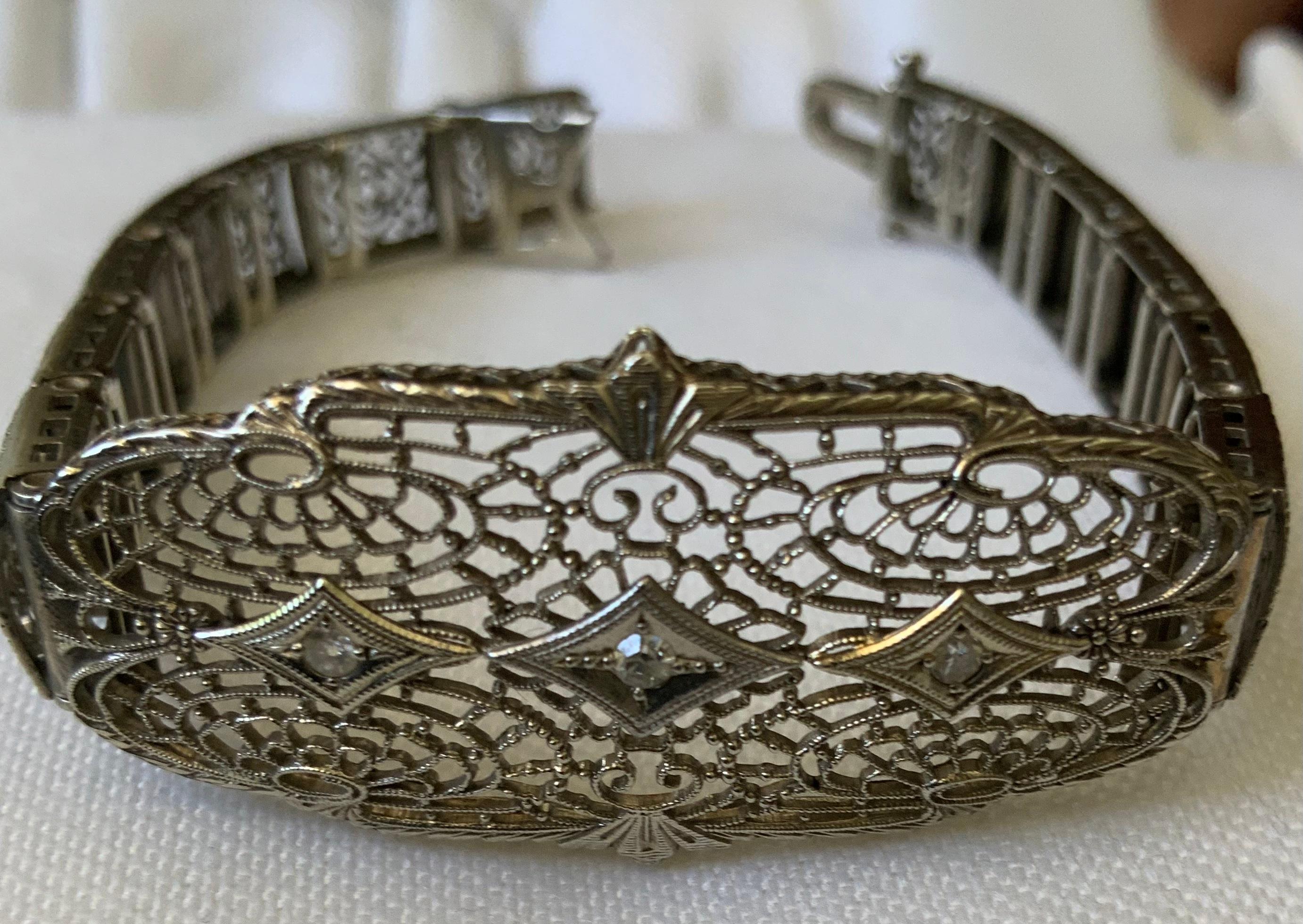 Art Deco 14K White Gold Diamond Filigree Bracelet For Sale 1