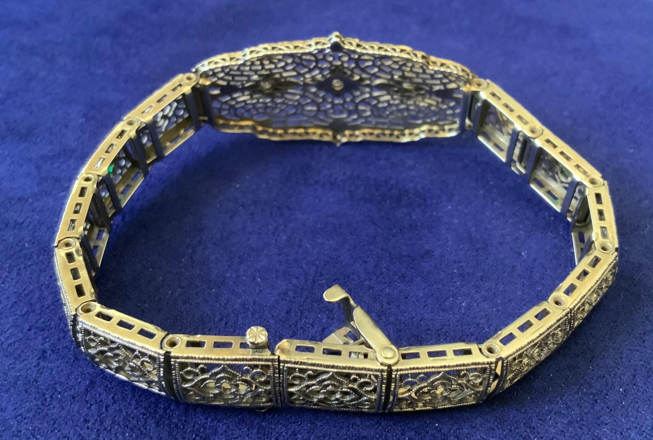Art Deco 14K White Gold Diamond Filigree Bracelet For Sale 4