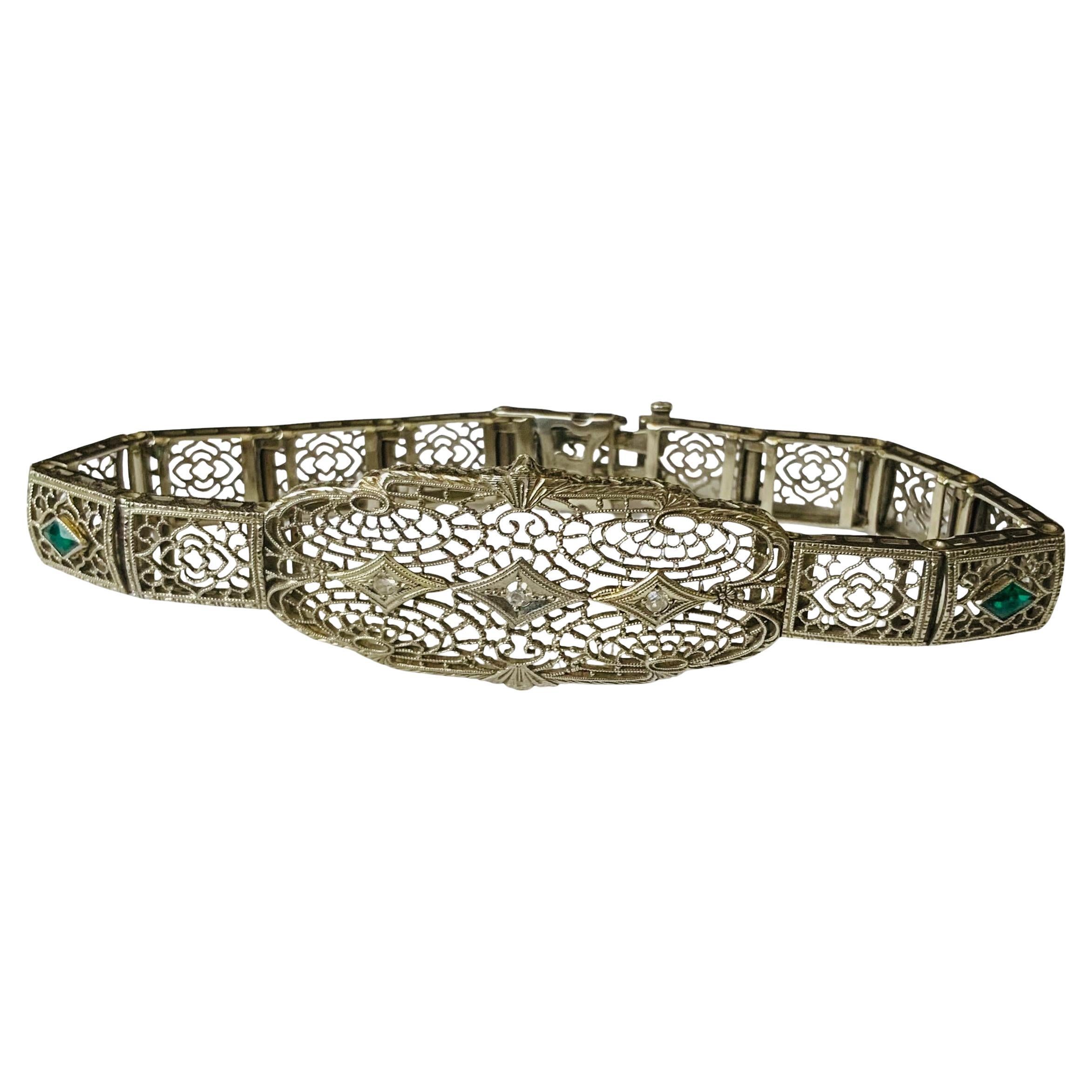 Art Deco 14K White Gold Diamond Filigree Bracelet