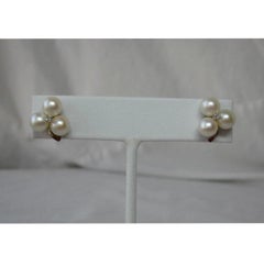 Art Deco 14K White Gold Diamond & Pearl Flower Earrings, 20th Century