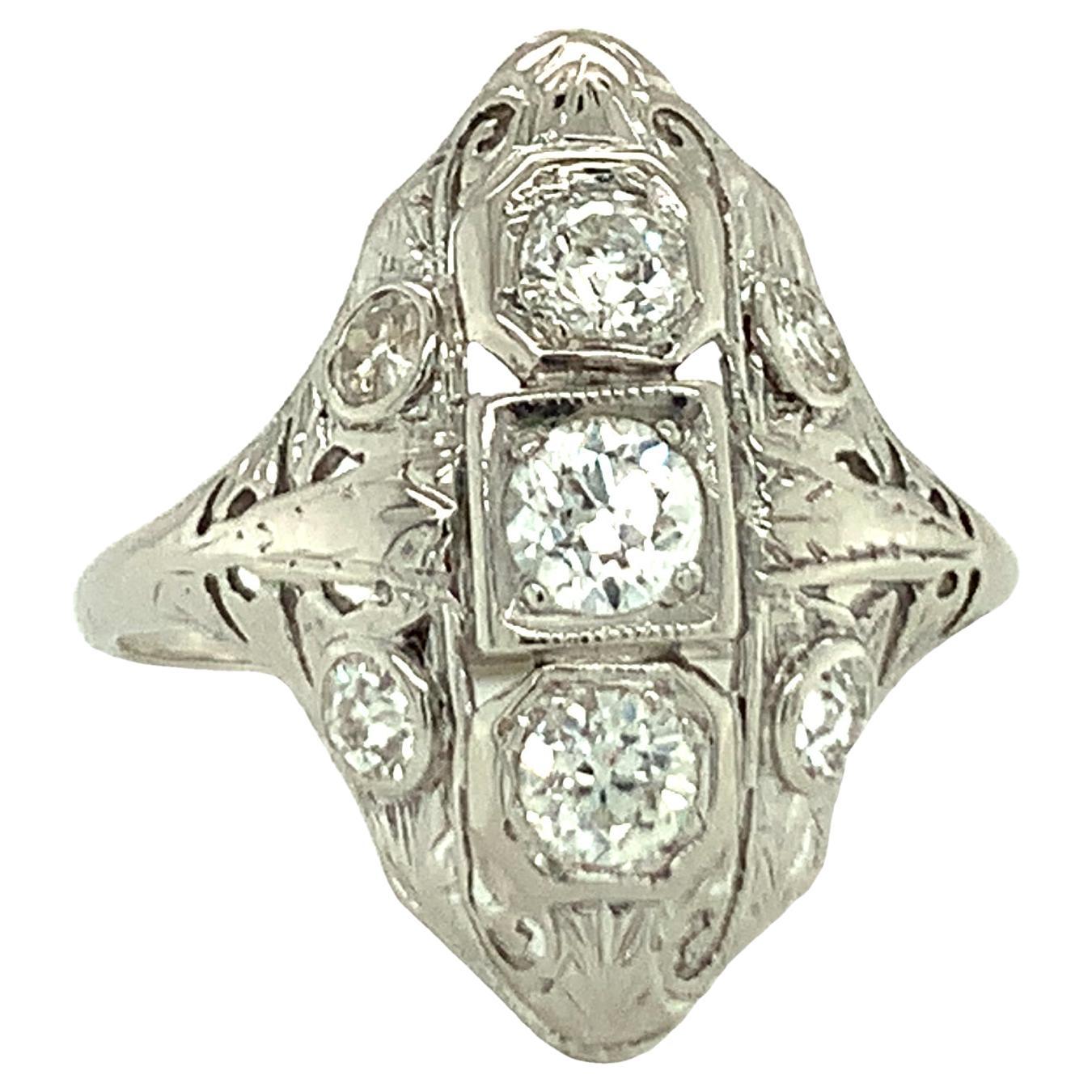 Art Deco 14K Weißgold Diamantring mit Diamanten