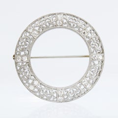 Art Deco 14K White Gold & Diamond Round Filigree Brooch or Pin